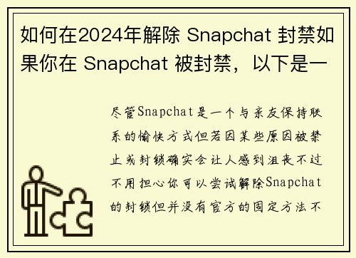 如何在2024年解除 Snapchat 封禁如果你在 Snapchat 被封禁，以下是一些可以尝